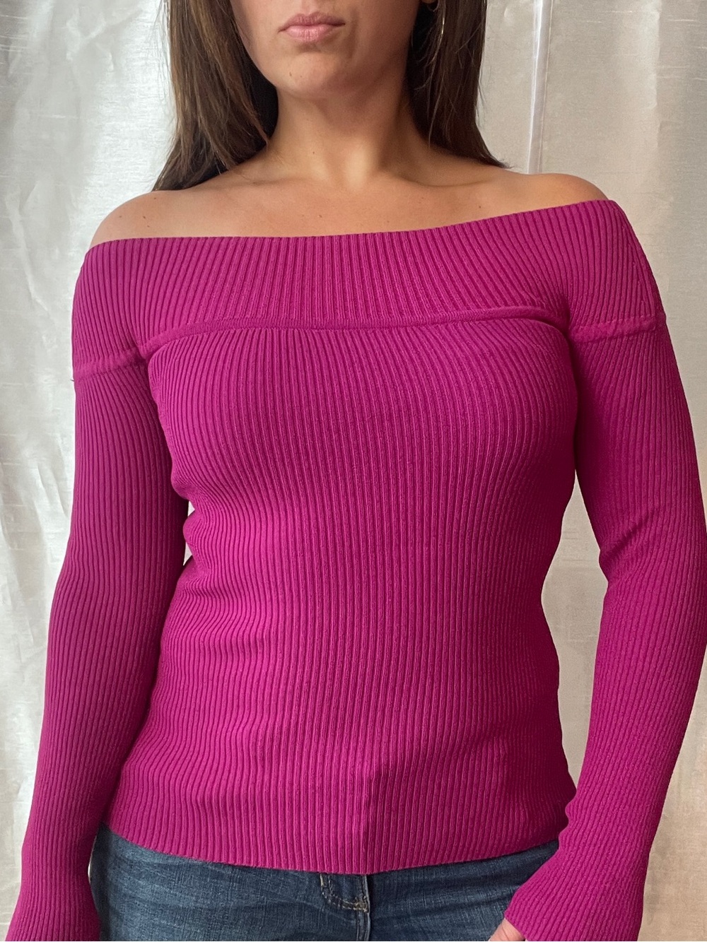 INC Off The Shoulder Sweater Women's Small Magenta Purple Ribbed Knit Fitted Y2K